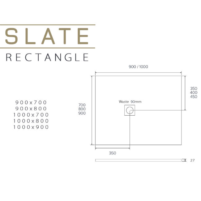 1000x800mm Stone Resin Grey Slate Effect Rectangular Shower Tray with Grate - Siltei