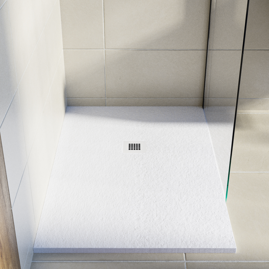 1000x900mm Rectangular Shower Tray with Grate - White Stone Resin Slate Effect - Sileti