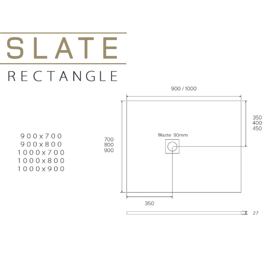 1000x900mm Rectangular Shower Tray with Grate - White Stone Resin Slate Effect - Sileti