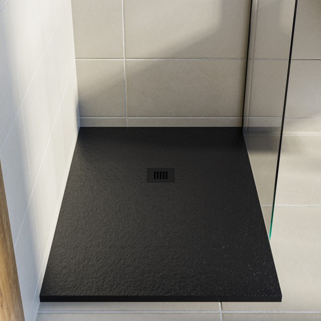 1400x800mm Stone Resin Black Slate Effect  Rectangular Shower Tray with Grate - Sileti