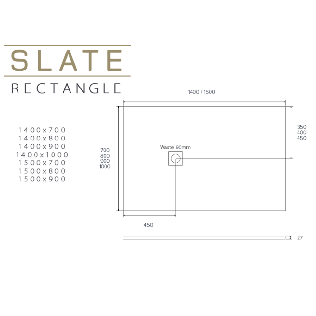 1400x900mm Rectangular Shower Tray with Grate - White Stone Resin Slate Effect - Sileti