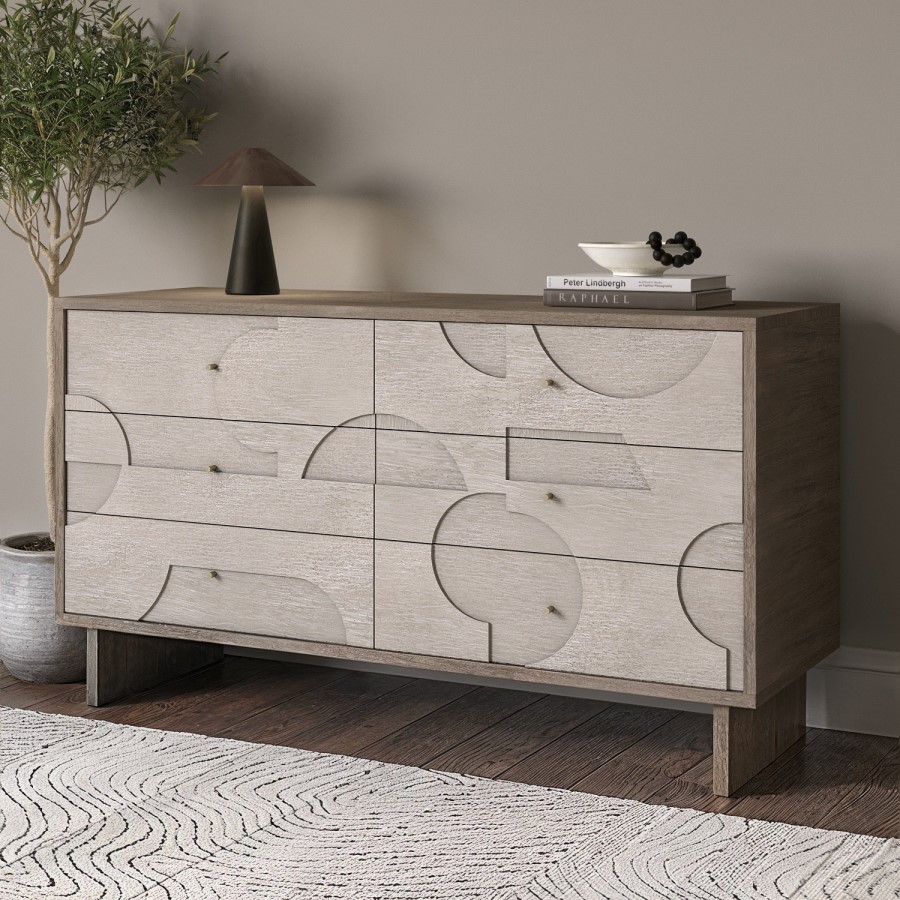 Patterned Chest Wide Mango Wood Patterned Chest of 6 Drawers - Octavia - Furniture123