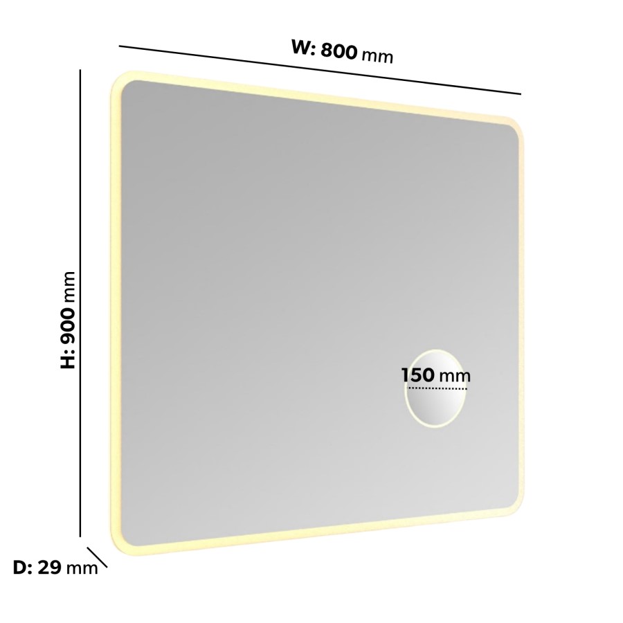 Rectangular Heated Bathroom Mirror with Lights & Magnifier 900 x 800mm – Odin