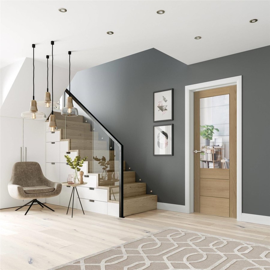 Internal Oak Half-Glazed FD30 Fire Door with Clear Etched Glass - Unfinished - 2040 x 726 x 44mm - Palermo Premium - XL Joinery
