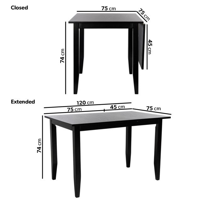 Extendable Black Wooden Drop Leaf Dining Table - Seats 2-4 - Olsen