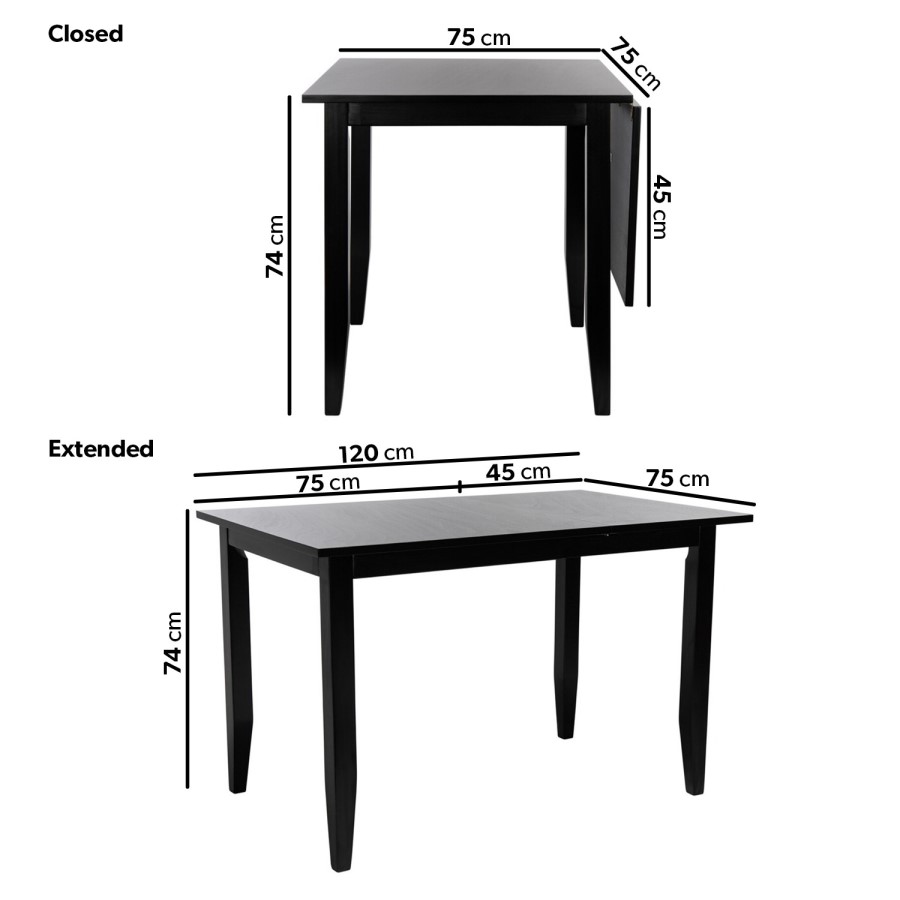 Extendable Black Wooden Drop Leaf Dining Table - Seats 2-4 - Olsen