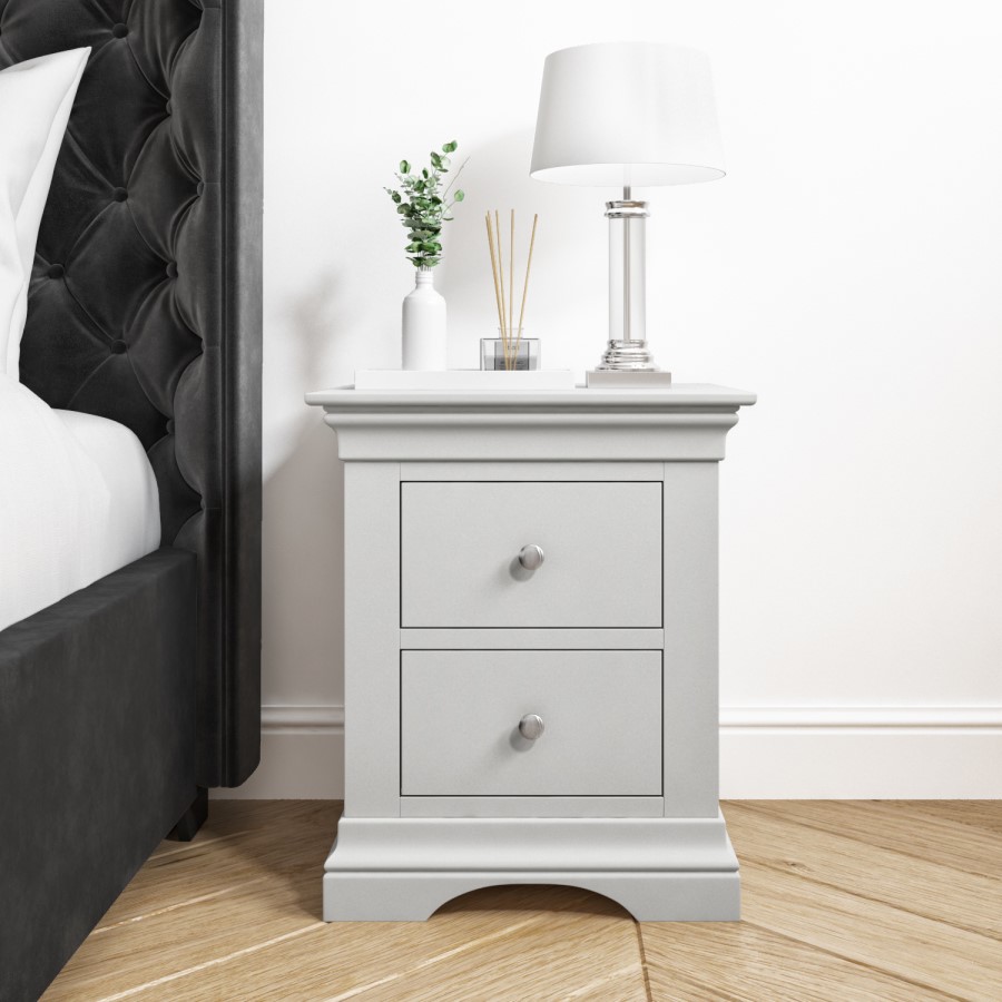 GRADE A2 - Light Grey French Bedside Table with 2 Drawers - Olivia