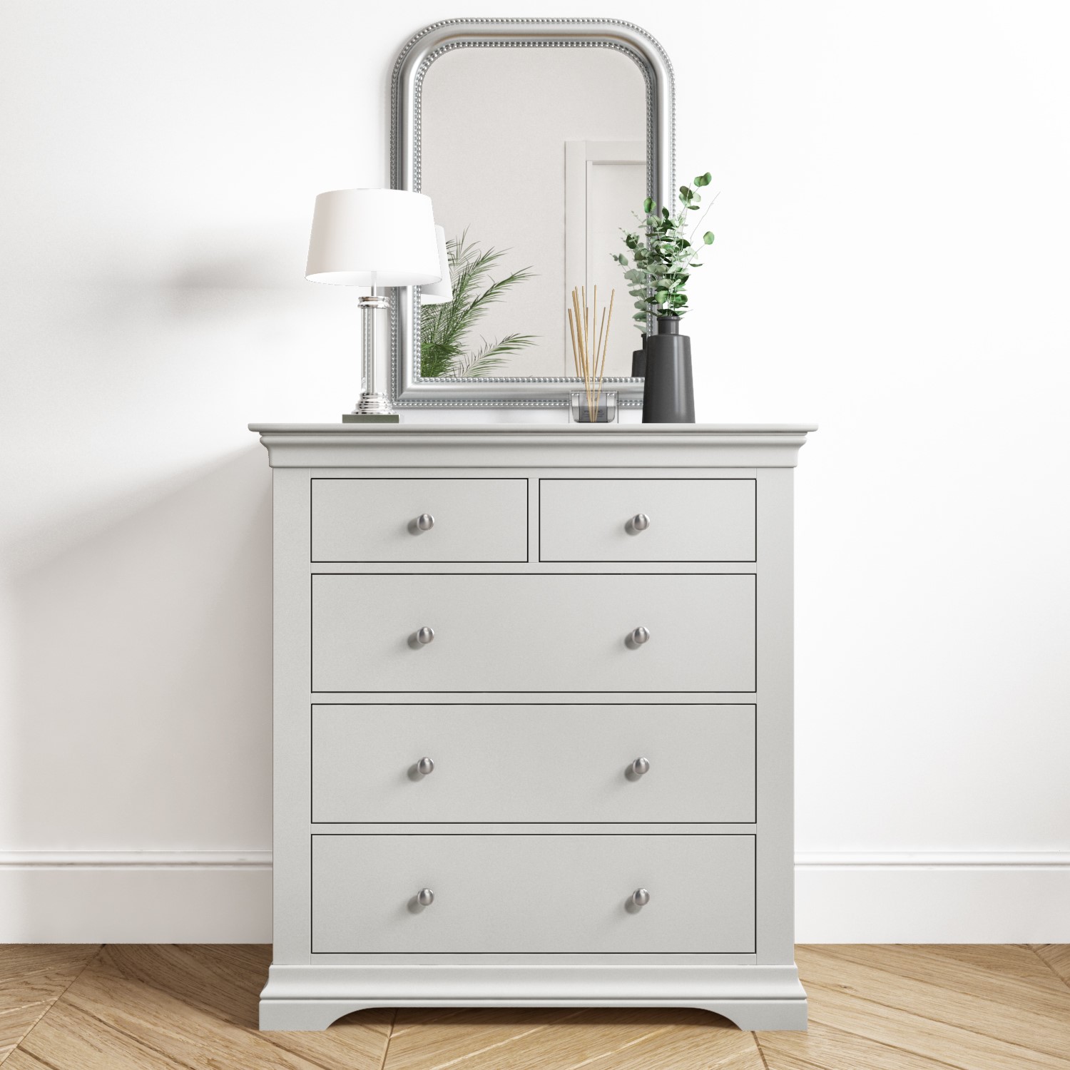 Photo of Pale grey 3 + 2 drawer chest of drawers - olivia