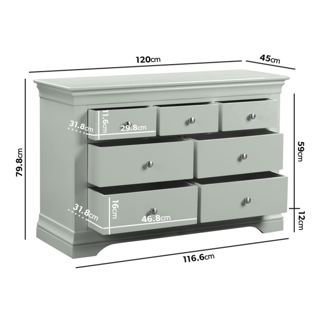 Sage Green French Wide Chest of 7 Drawers - Olivia