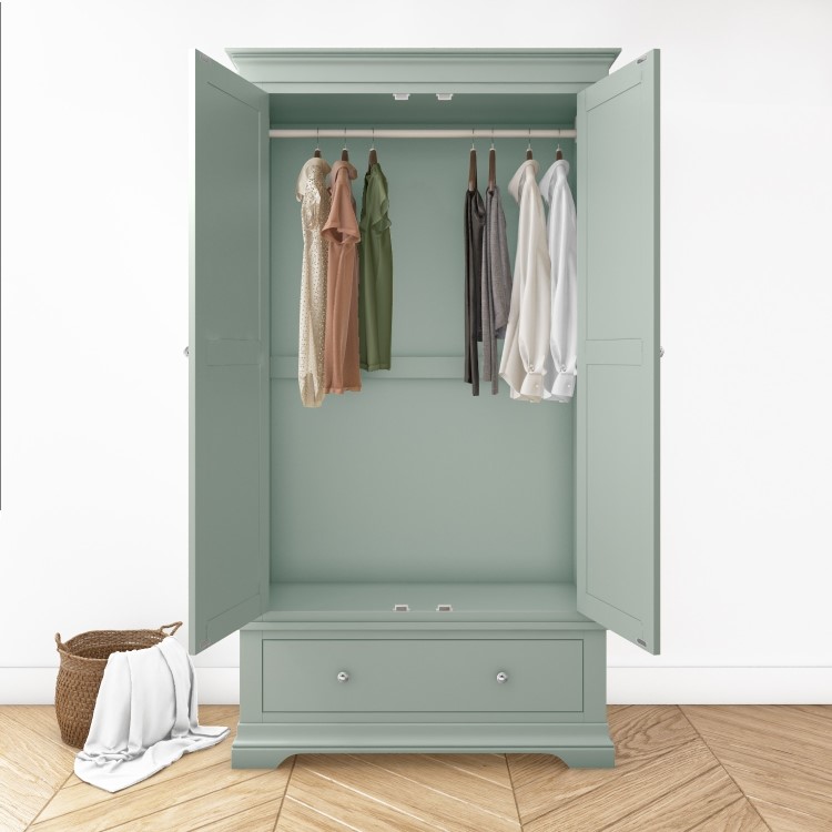 Sage Green Wooden Double Wardrobe with Drawer - Olivia