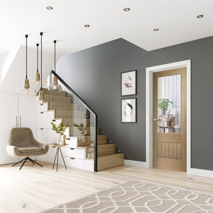 Internal Oak Original Pre-Finished Suffolk 2XG with Clear Etched Glass - 2040 x 726 x 40 mm, Pre-Finished