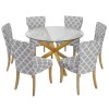 Oporto Round Oak Dining Table with Glass Top &amp; 6 Grey Patterned Chairs 