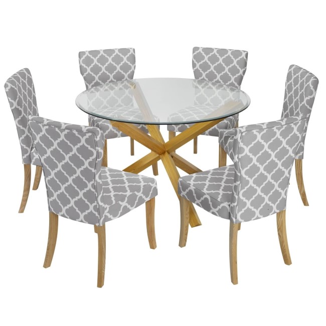 Oporto Round Oak Dining Table with Glass Top & 6 Grey Patterned Chairs 
