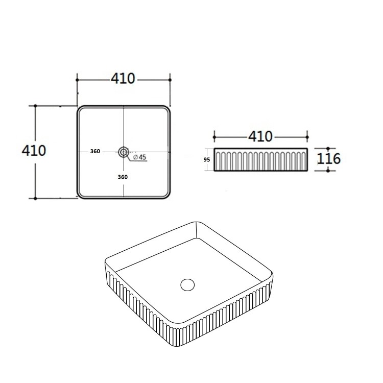 White Square Fluted Countertop Basin 410mm - Oregon