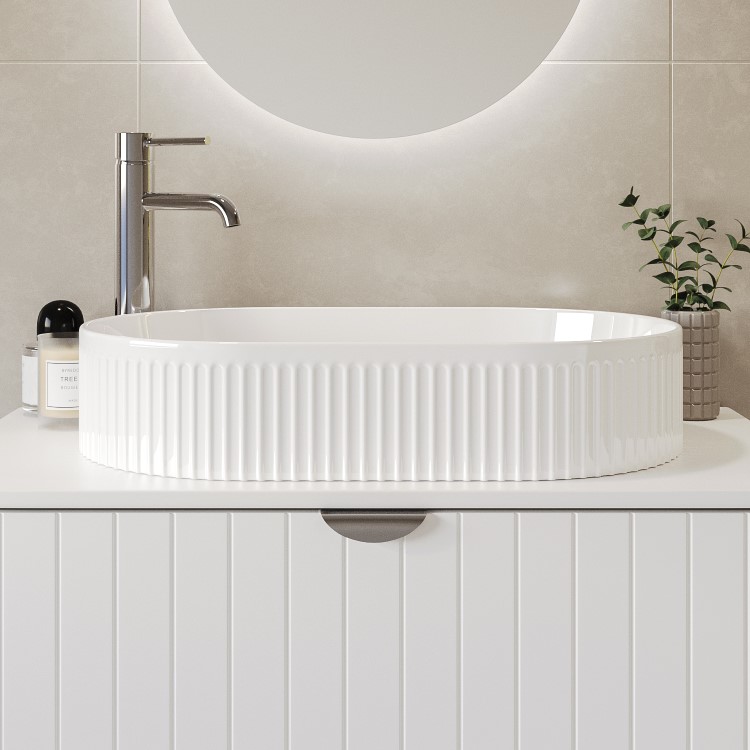 White Oval Fluted Countertop Basin 573mm - Oregon