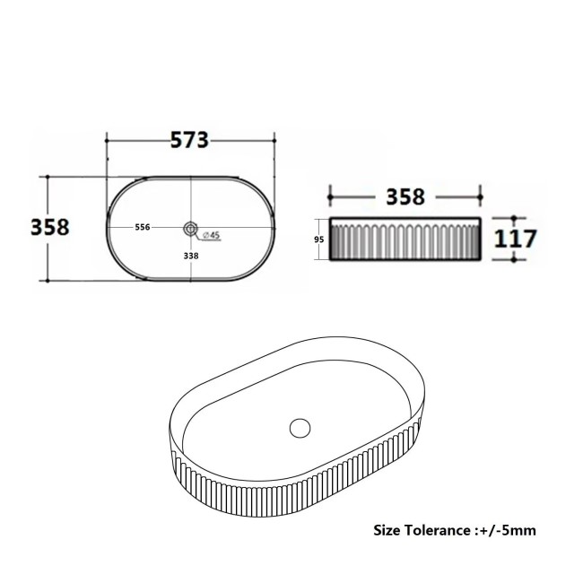 White Oval Fluted Countertop Basin 573mm - Oregon