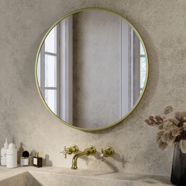 Round Brass Backlit Heated Bathroom Mirror with Lights 600mm – Orion