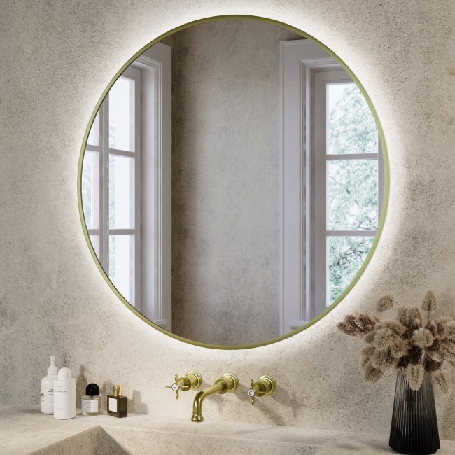 Round Brass Backlit Heated Bathroom Mirror with Lights 800mm – Orion