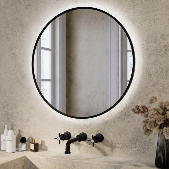 Round Black Backlit Heated Bathroom Mirror with Lights 600mm – Orion