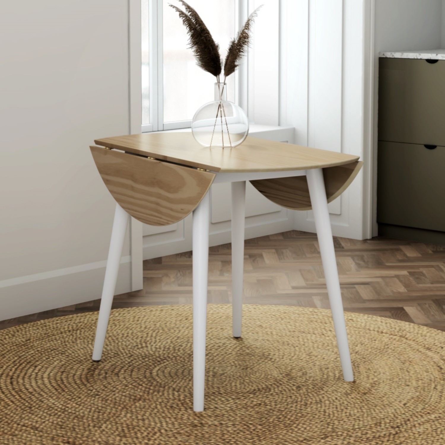 Round Drop Leaf Oak and White Dining Table - Seats 4 - Ola
