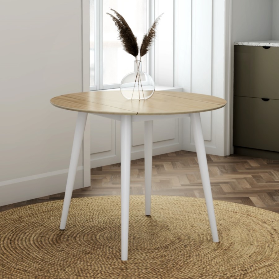 GRADE A1 - Round Drop Leaf Oak and White Dining Table - Seats 4 - Ola