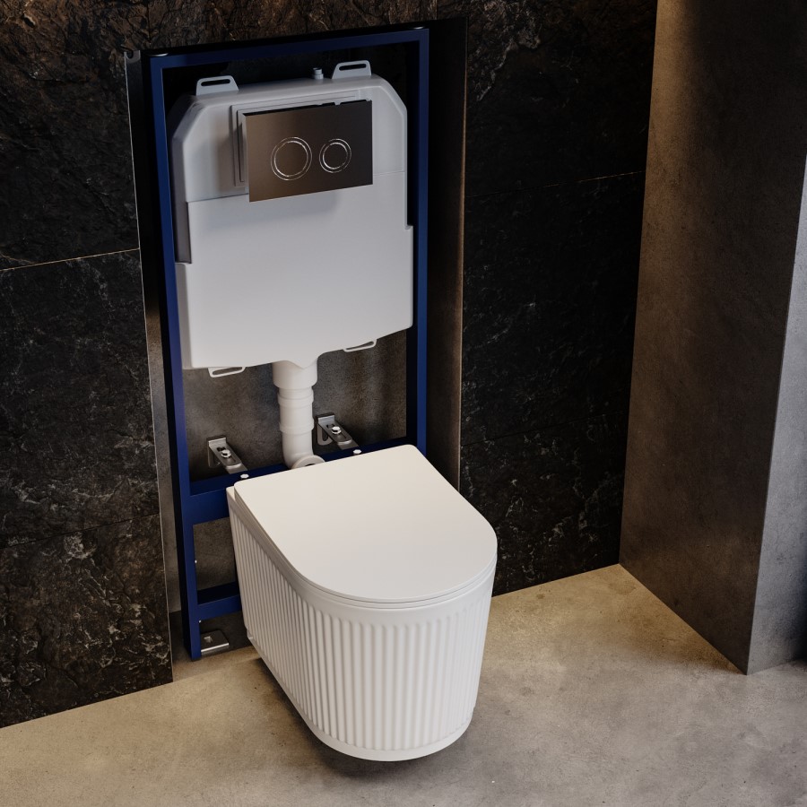 Fluted Wall Hung Rimless Toilet with Soft Close Seat, Chrome Mechanical Flush Plate, 1168mm Frame & Cistern – Oregon