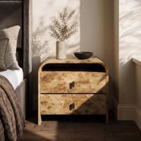 Wide Light Burl Wood Effect 2 Drawer Bedside Table - Oriana