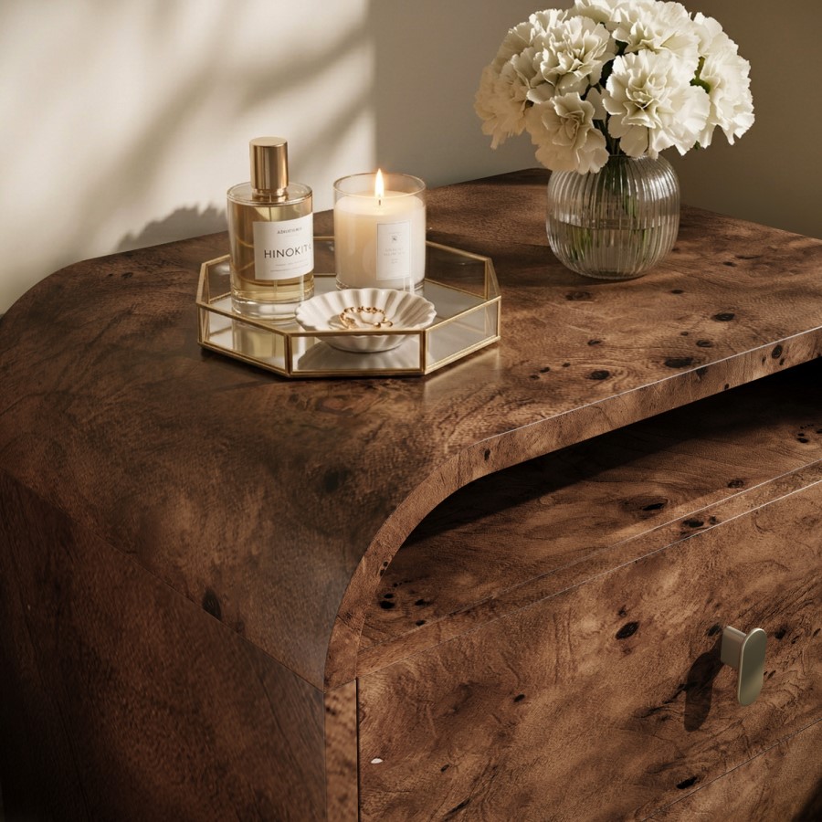 Wide Dark Burl Wood Effect 2 Drawer Bedside Table - Oriana