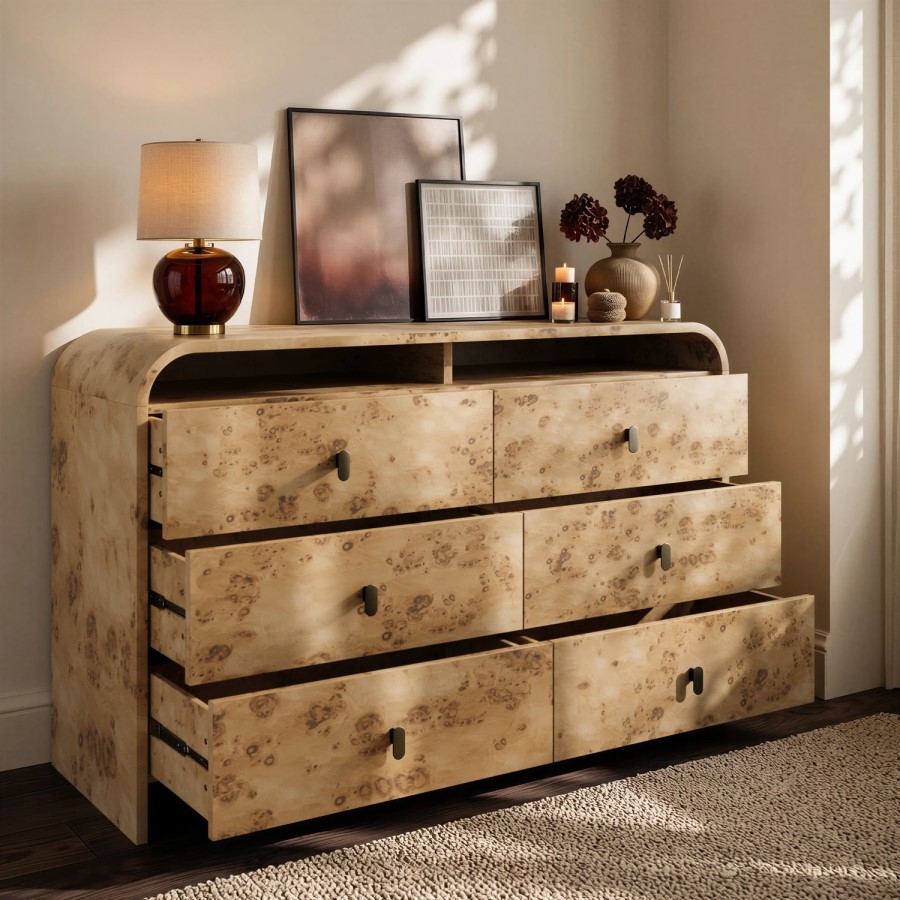 Light Burl Wood Effect 6 Drawer Chest of Drawers - Oriana