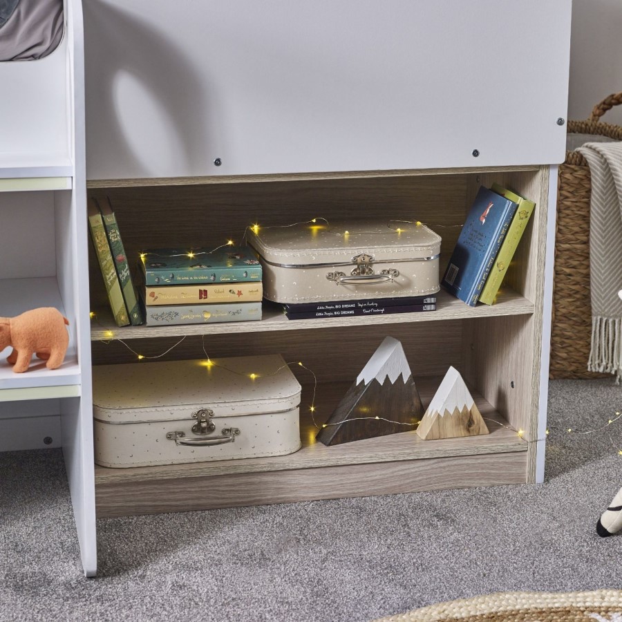 White & Oak Mid Sleeper House Bed with Storage - Orpheus
