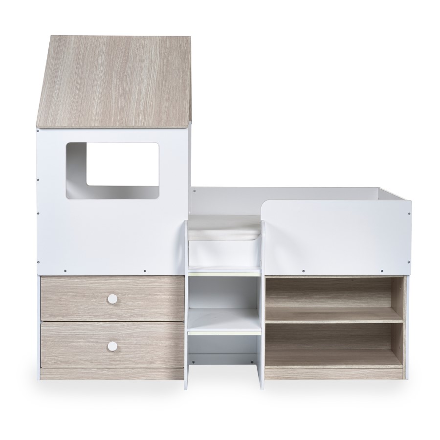 White & Oak Mid Sleeper House Bed with Storage - Orpheus