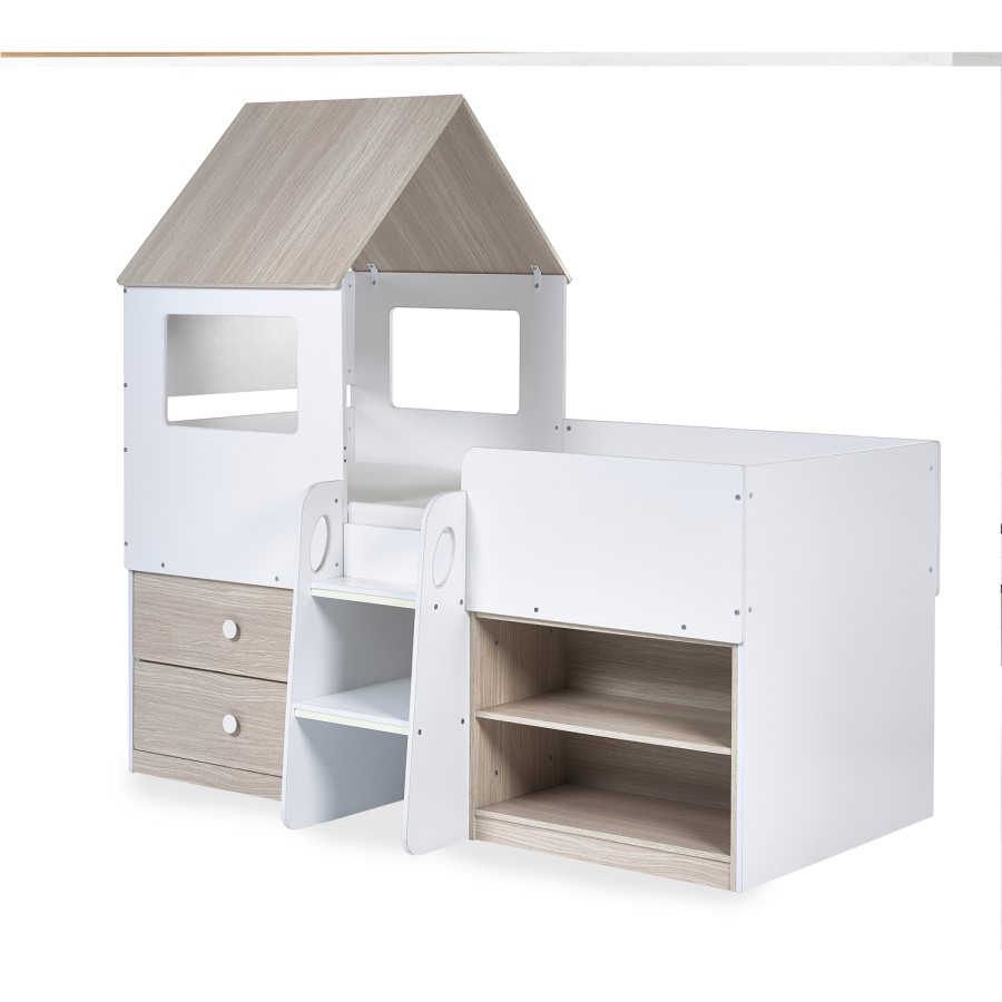 White & Oak Mid Sleeper House Bed with Storage - Orpheus