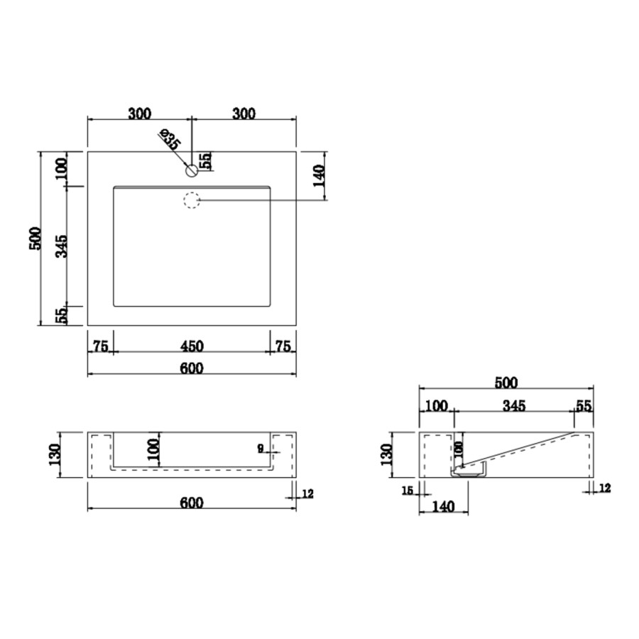 White Rectangular Wall Hung Basin with Hidden Waste 600mm - Oslo