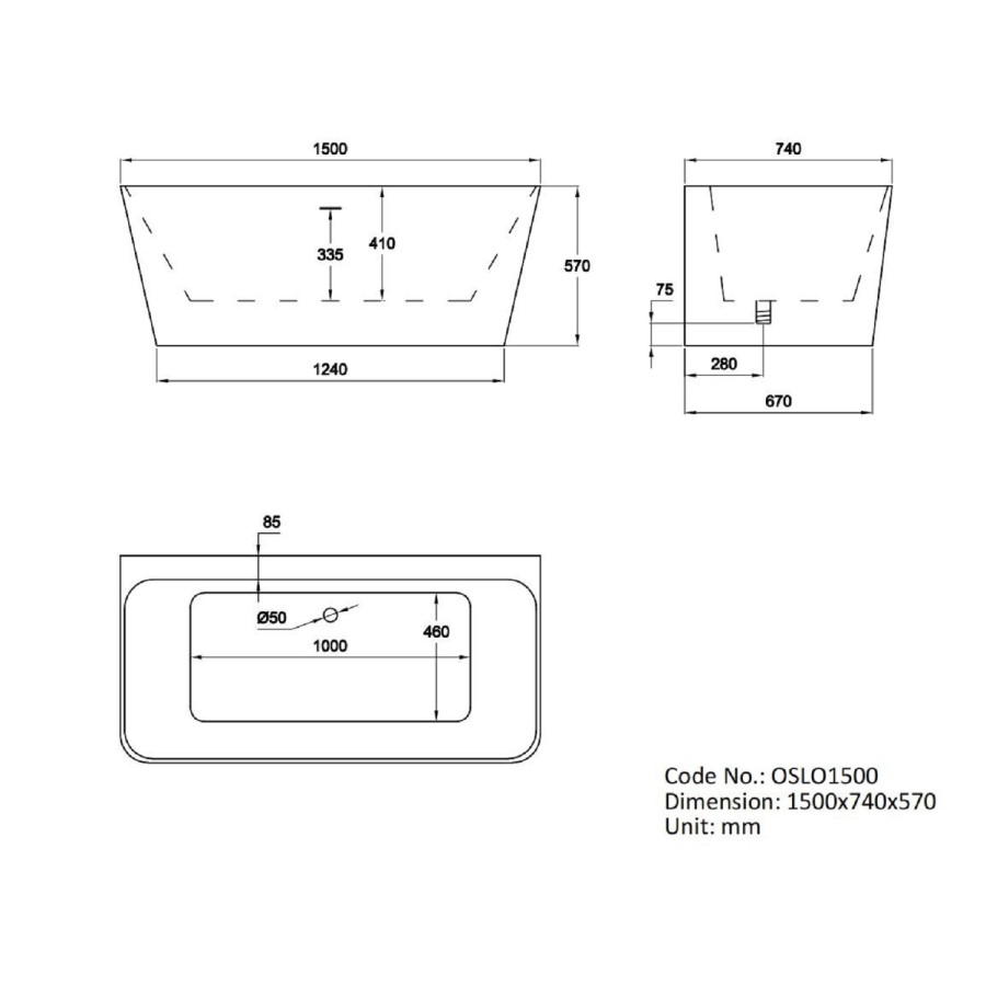 Freestanding Double Ended Back to Wall Bath 1500 x 740mm - Oslo