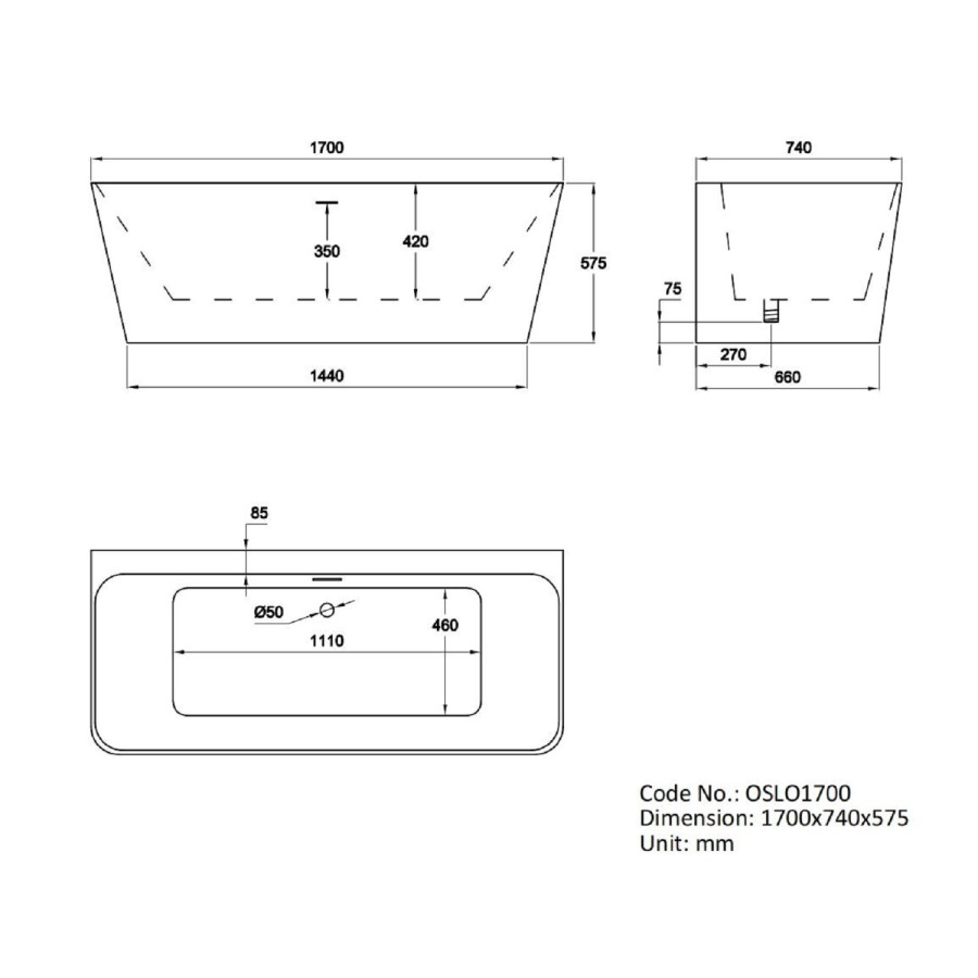 Freestanding Double Ended Back to Wall Bath 1700 x 740mm - Oslo