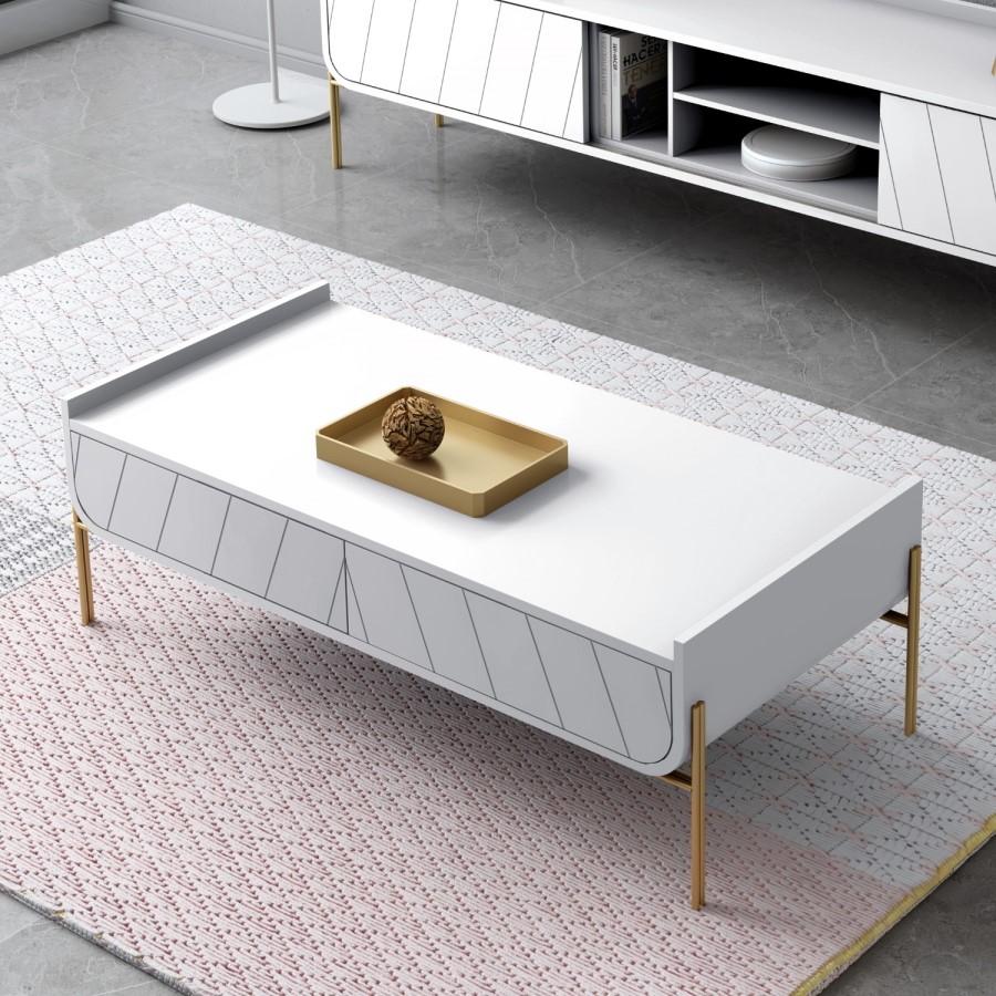 Large White and Gold Curved Coffee Table - Olis