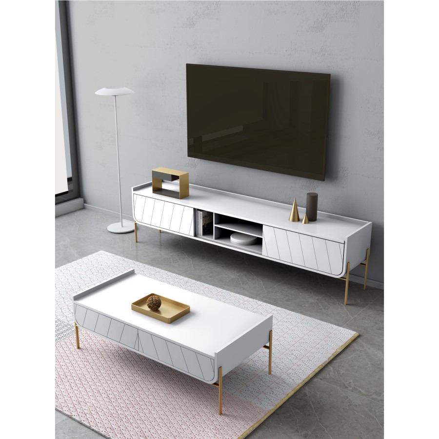 Large White and Gold Curved Coffee Table - Olis
