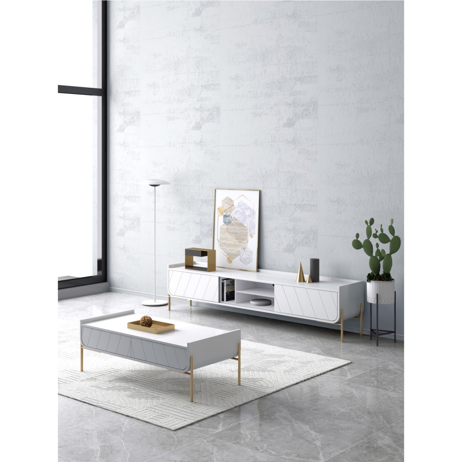 Large White and Gold Curved Coffee Table - Olis