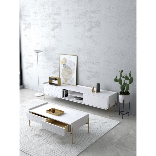 GRADE A1 - White and Gold Curved Coffee Table - Olis