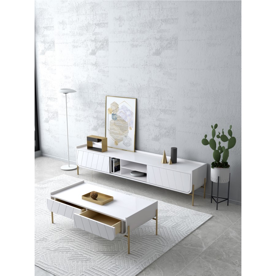 Large White and Gold Curved Coffee Table - Olis