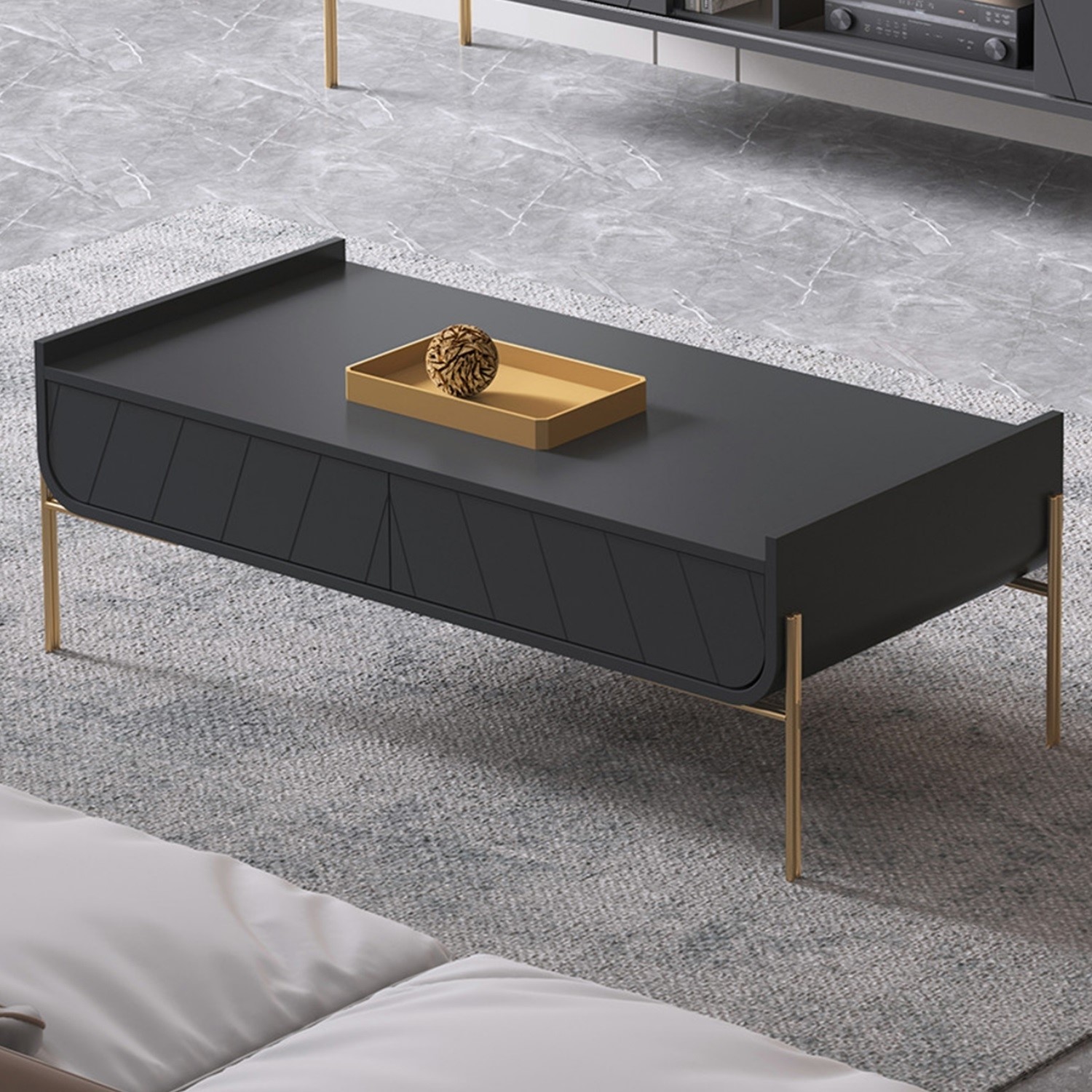 Dark Grey And Gold Curved Coffee Table, Grey Coffee Table With Storage