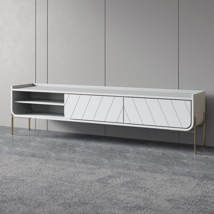 GRADE A2 - White and Gold Curved TV Unit - TV's up to 70" - Olis