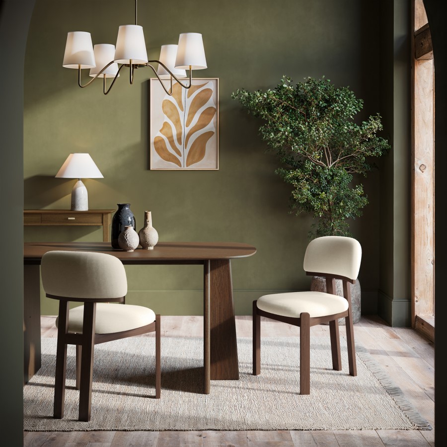 Rectangular Walnut Dining Table Set with 4 Cream Upholstered Chairs - Seats 4 - Noor