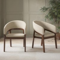 Set of 2 Walnut & Beige Upholstered Curved Dining Chairs - Owen