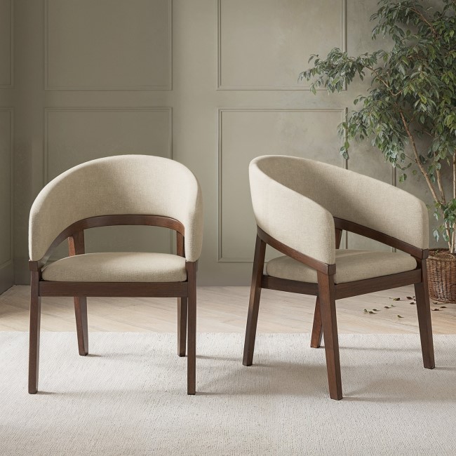 Set of 2 Walnut & Beige Upholstered Curved Dining Chairs - Owen