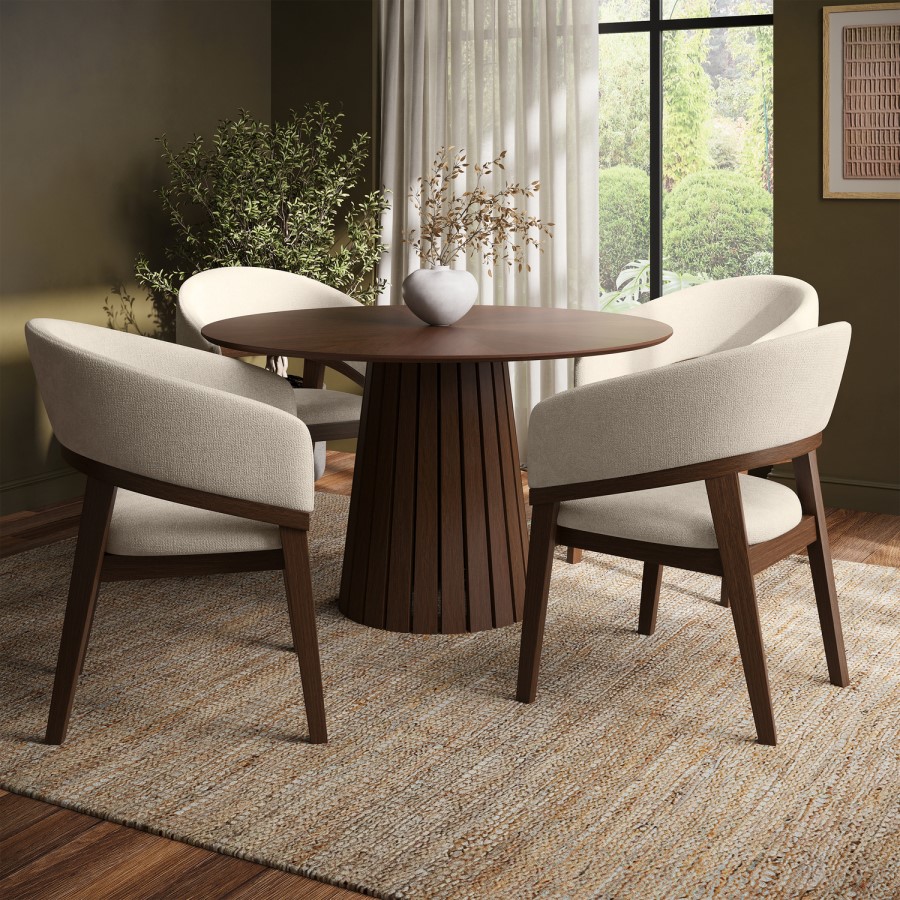 Set of 2 Walnut and Beige Upholstered Curved Dining Chairs - Owen