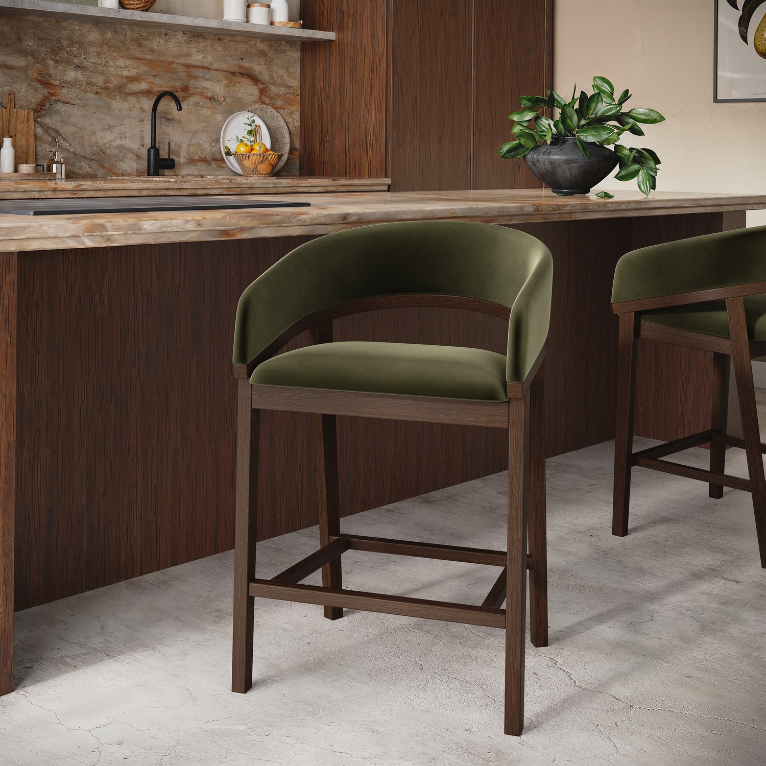 Owen Green Walnut & Olive Velvet Curved Kitchen Stool With Back