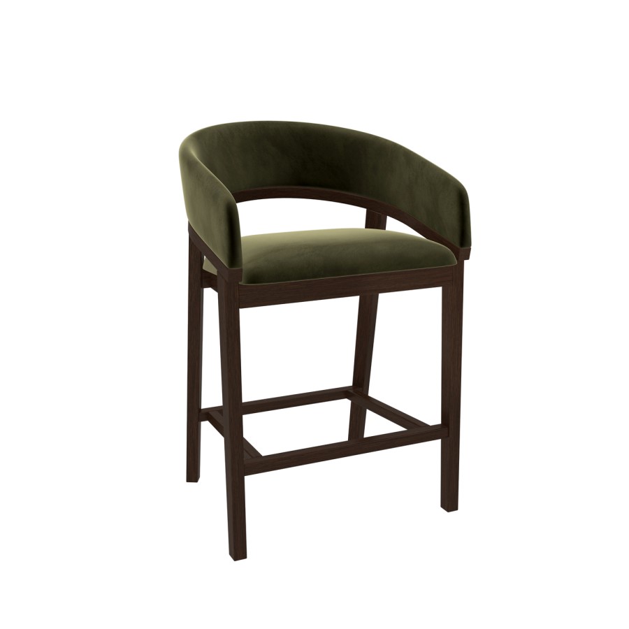 ALMOST PERFECT - Walnut & Olive Green Velvet Curved Kitchen Stool with Back - Owen