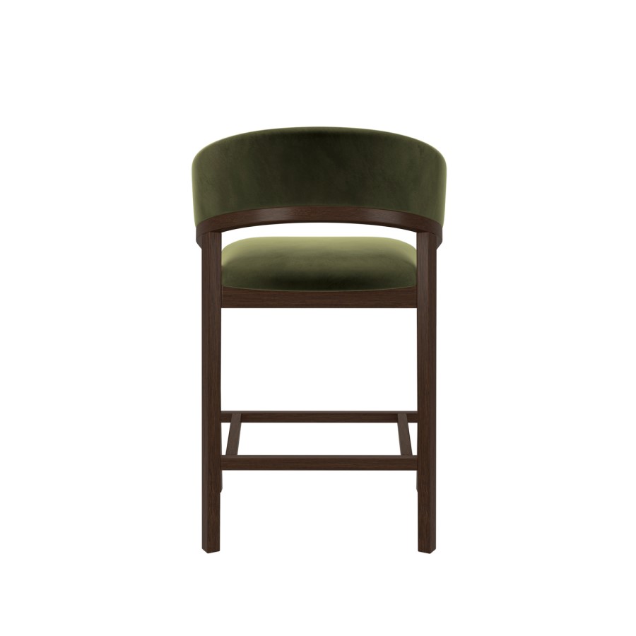 ALMOST PERFECT - Walnut & Olive Green Velvet Curved Kitchen Stool with Back - Owen
