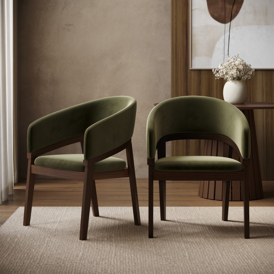 Set of 2 Walnut & Olive Green Velvet Curved Dining Chairs - Owen